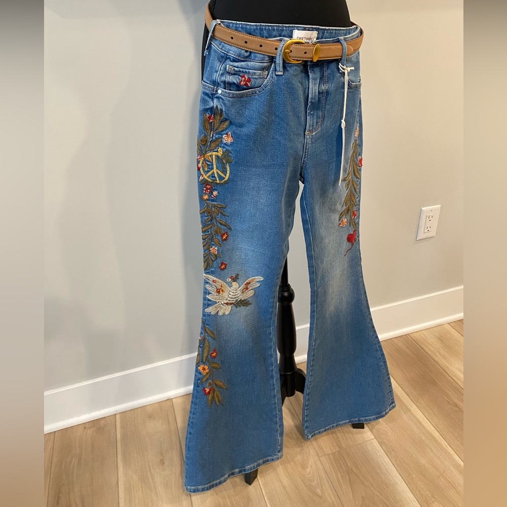 Anthropologie X Driftwood Farrah Embroidered Flare Jeans